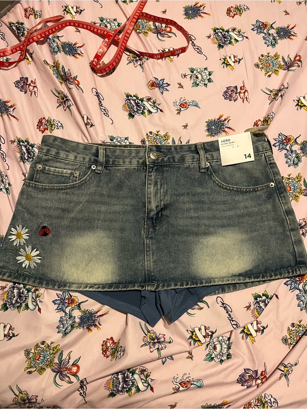 Aeropostale Denim Embroidered Mini Skirt with Daisies and Ladybug NWT